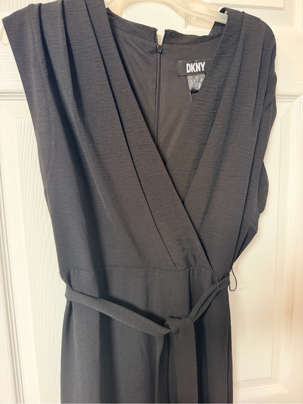 NWT DKNY Black Wide Leg Wrap Jumpsuit Size 14 Belted MSRP $129